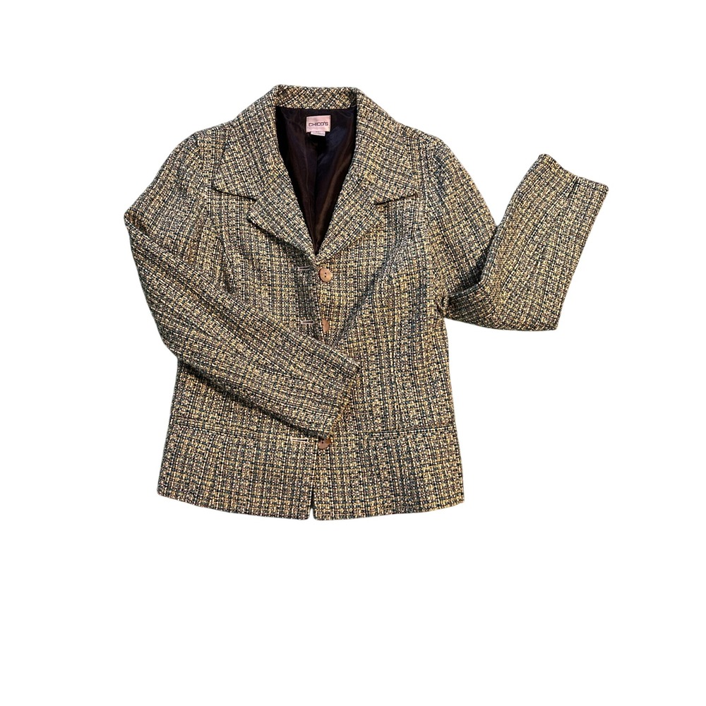 Chicos Womens Size 0 Multi Color Tweed Blazer Jacket Blue Green Professional‎